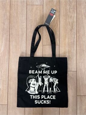 Stranger Things Black Graphic Tote Bag - Beam Me Up This Place Sucks!